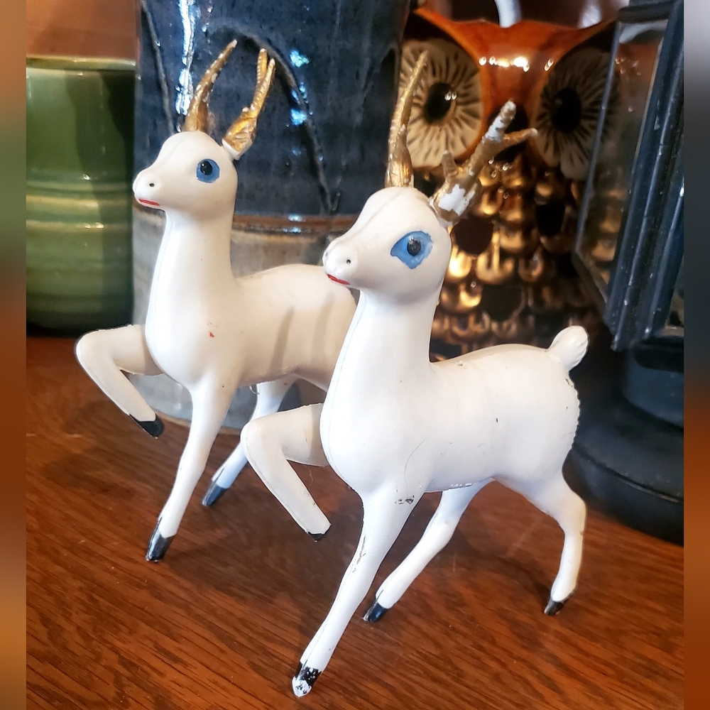 Rare Set of two 1950s Prancing Reindeer White
